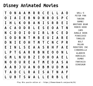Word Search on Disney Animated Movies