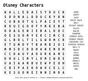 Word Search on Disney Characters
