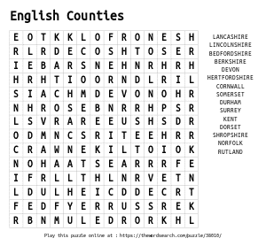 Word Search on English Counties