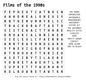 Word Search on Films of the 1990s