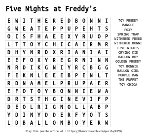 Word Search on Five Nights at Freddy's