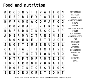 Word Search on Food and nutrition