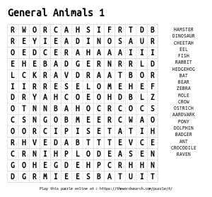 Word Search on General Animals 1