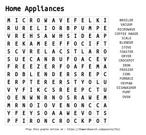 Word Search on Home Appliances