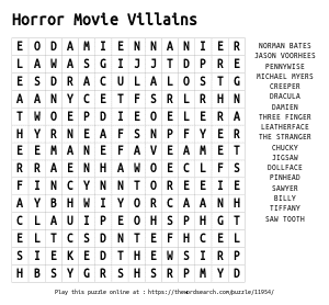Word Search on Horror Movie Villains
