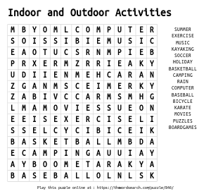 Word Search on Indoor and Outdoor Activities