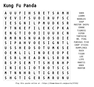 Word Search on Kung Fu Panda 