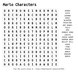 Word Search on Mario Characters