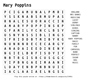 Word Search on Mary Poppins