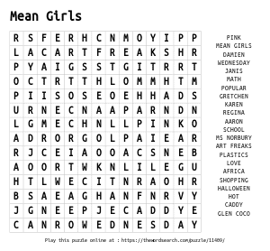 Word Search on Mean Girls
