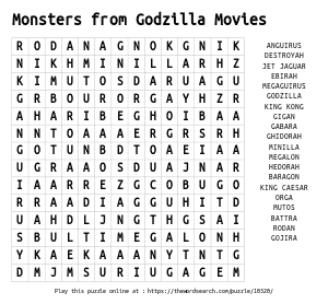 Word Search on Monsters from Godzilla Movies