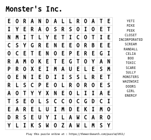 Word Search on Monster's Inc. 
