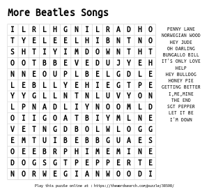 Word Search on More Beatles Songs