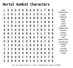 Word Search on Mortal Kombat Characters