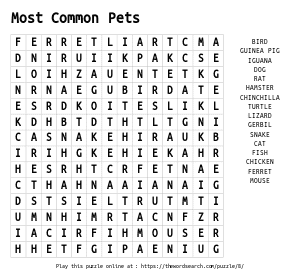 Word Search on Most Common Pets