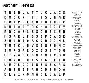 Word Search on Mother Teresa
