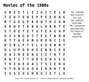 Word Search on Movies of the 1980s