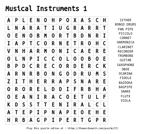 Word Search on Musical Instruments 1