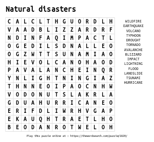Word Search on Natural disasters