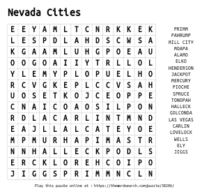 Word Search on Nevada Cities