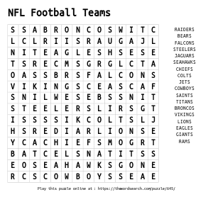 Word Search on NFL Football Teams