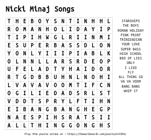 Word Search on Nicki Minaj Songs