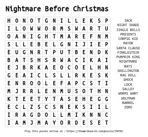 Word Search on Nightmare Before Christmas 