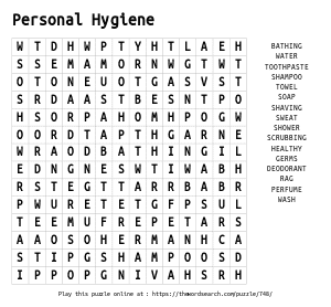 Word Search on Personal Hygiene