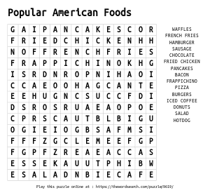 Word Search on Popular American Foods