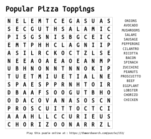 Word Search on Popular Pizza Toppings
