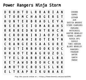 Word Search on Power Rangers Ninja Storm