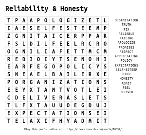 Word Search on Reliability & Honesty