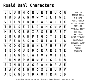 Word Search on Roald Dahl Characters