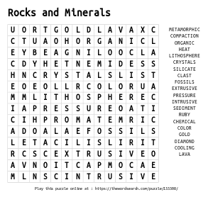 Word Search on Rocks and Minerals