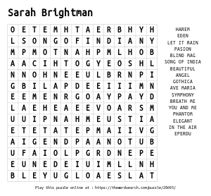 Word Search on Sarah Brightman