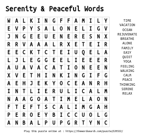 Word Search on Serenity & Peaceful Words