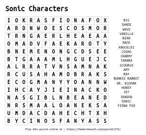 Word Search on Sonic Characters