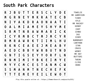 Word Search on South Park Characters 