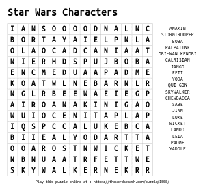 Word Search on Star Wars Characters