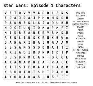 Word Search on Star Wars: Episode 1 Characters