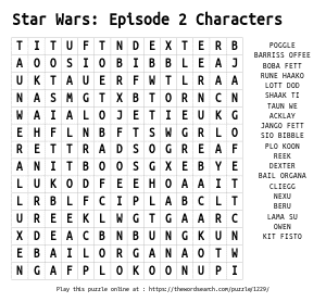 Word Search on Star Wars: Episode 2 Characters