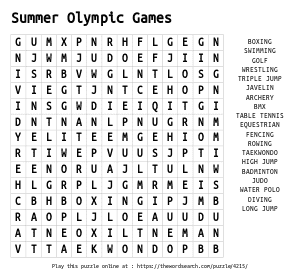 Word Search on Summer Olympic Games
