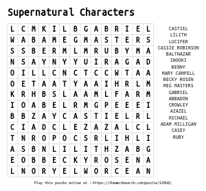 Word Search on Supernatural Characters 