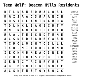 Word Search on Teen Wolf: Beacon Hills Residents