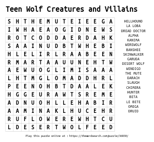 Word Search on Teen Wolf Creatures and Villains
