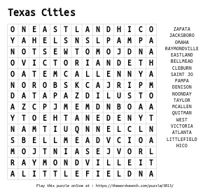 Word Search on Texas Cities