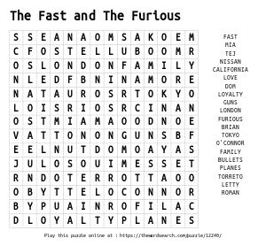Word Search on The Fast and The Furious