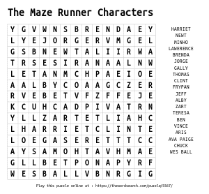 Word Search on The Maze Runner Characters