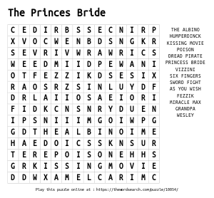 Word Search on The Princes Bride