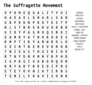 Word Search on The Suffragette Movement